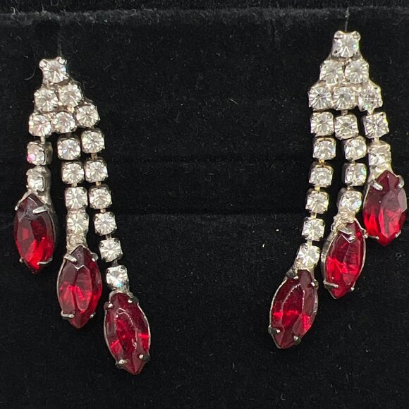 Vintage Rhinestone Dangle Earrings With Red & Clear Stones - Picture 3 of 5